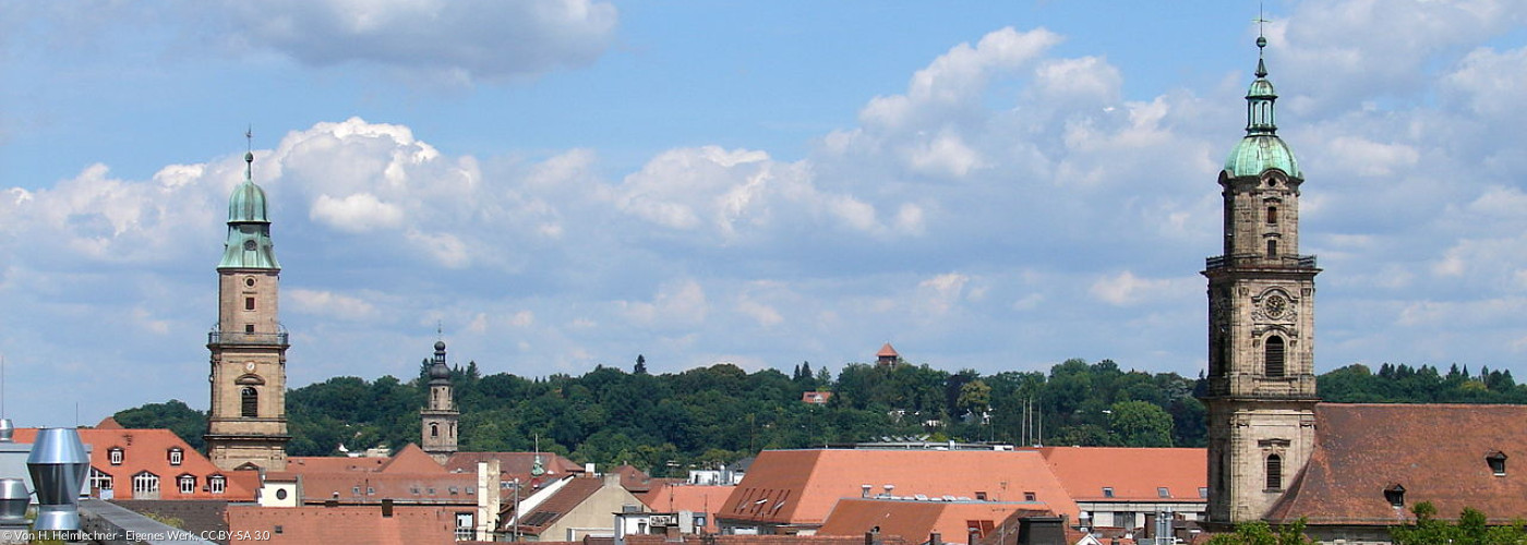 Erlangen vom Regnitzgrund mit Neustädter, Altstädter und Reformierter Kirche