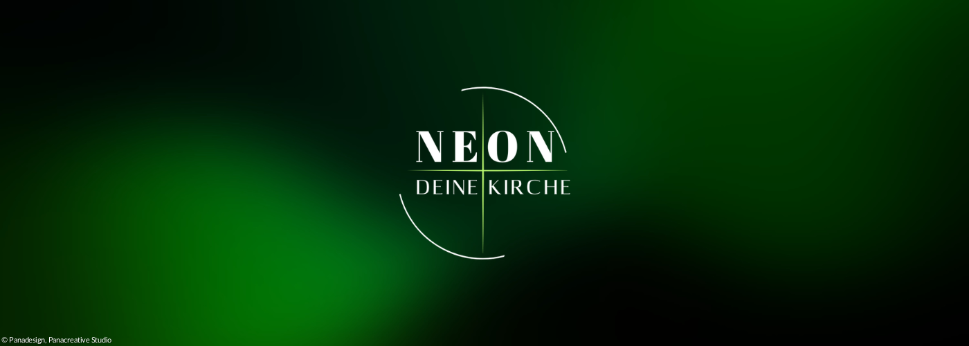 schwarzer Hintergrund mit grünem Licht und Logo Neon - Deine Kirche