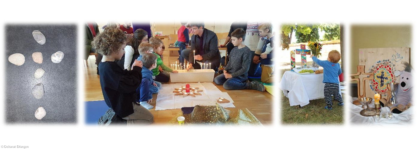 Ein Kreuz aus Kieseln, Kinder beim Kindergottesdienst, ein kleiner Junge zeigt auf das Kreuz auf einem Altar in der Natur, ein Altar mit Kreuz, Abendmahlsgerät, Kerze und einem Bären